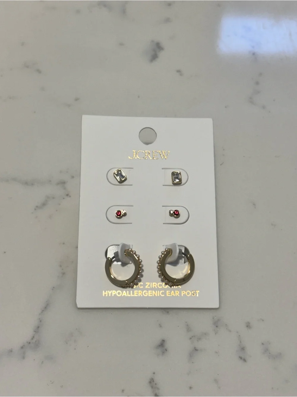J. Crew Gold Hoop and Multi-Stud Earring Set (Clear & Red Stones)